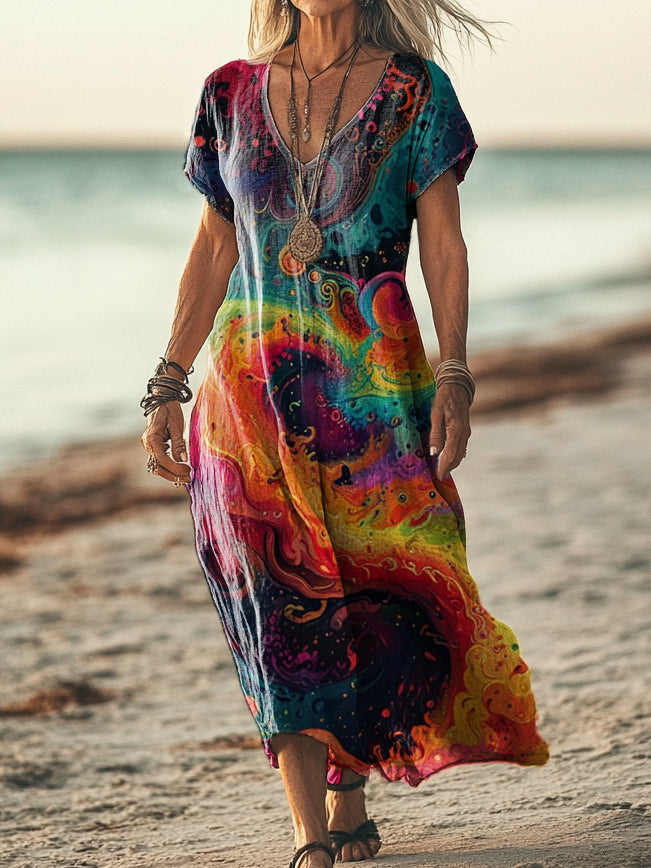 Women's Colorful Irregular Pattern Art Print Pocket Cotton Dresses