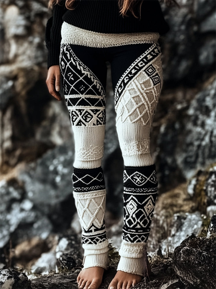 Viking Mystical Celtic Chunky Contrast Color Cozy Knit Leggings artswardrobe