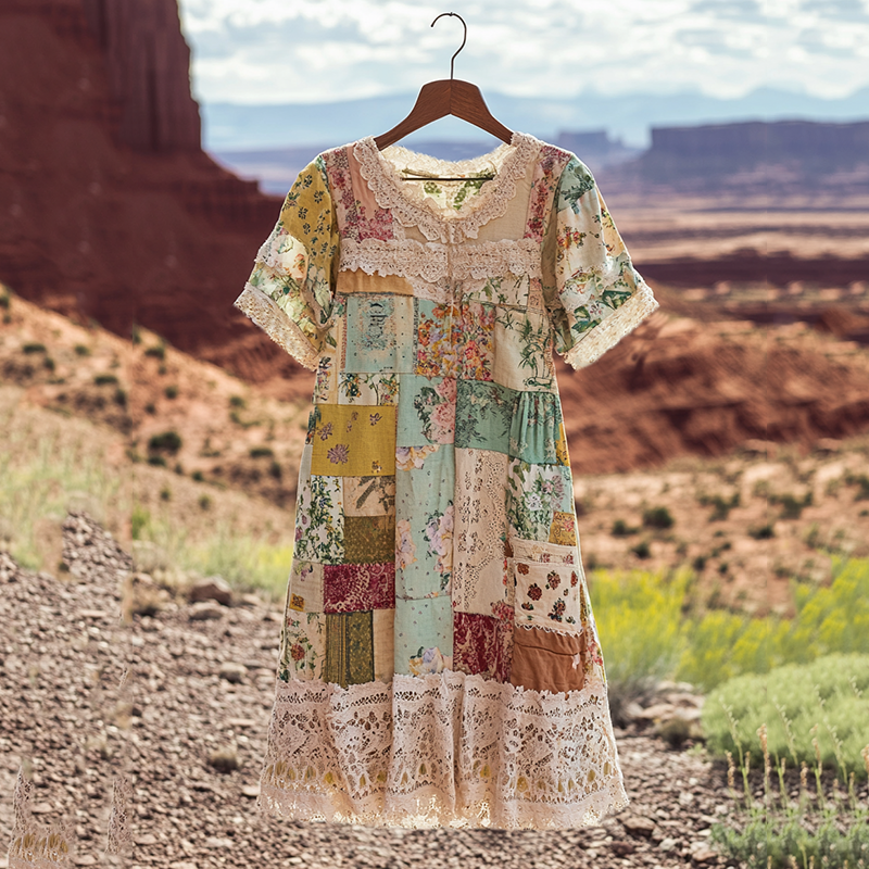 Vintage Floral Patchwork Comfortable Short-sleeved Dress artswardrobe