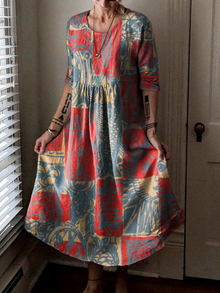 Women's Bohemian Ethnic Collage Art Pattern Print Pocket Cotton Dress