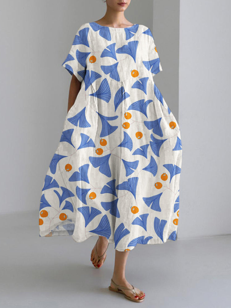 Comstylish Japanese Ginkgo Biloba Pattern Linen Blend Maxi Dress