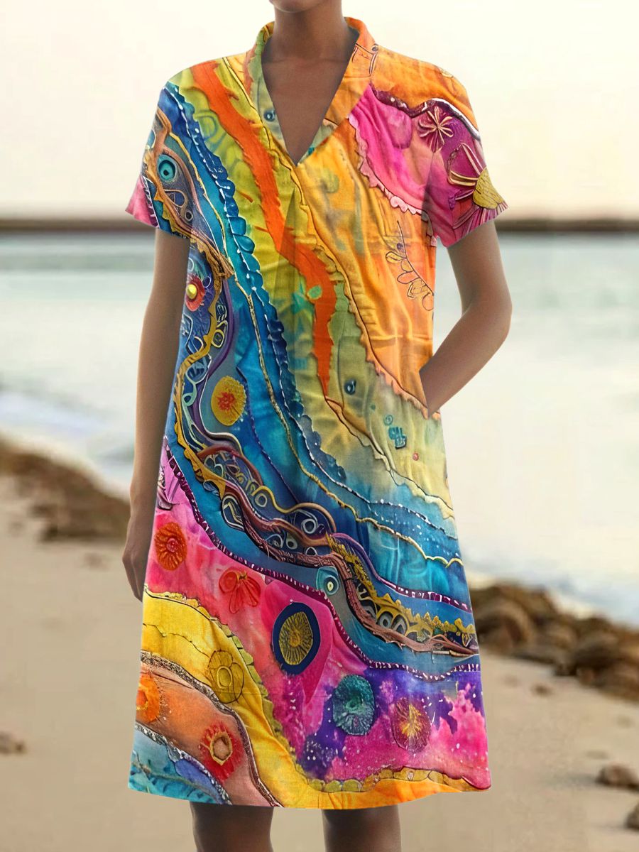 Women's Colorful Abstract Line Art Pattern Print V-Neck Linen Pocket D