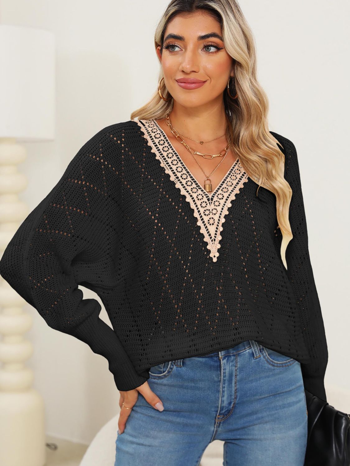Juliana® | Long sleeve sweater with V-neck and lace detail