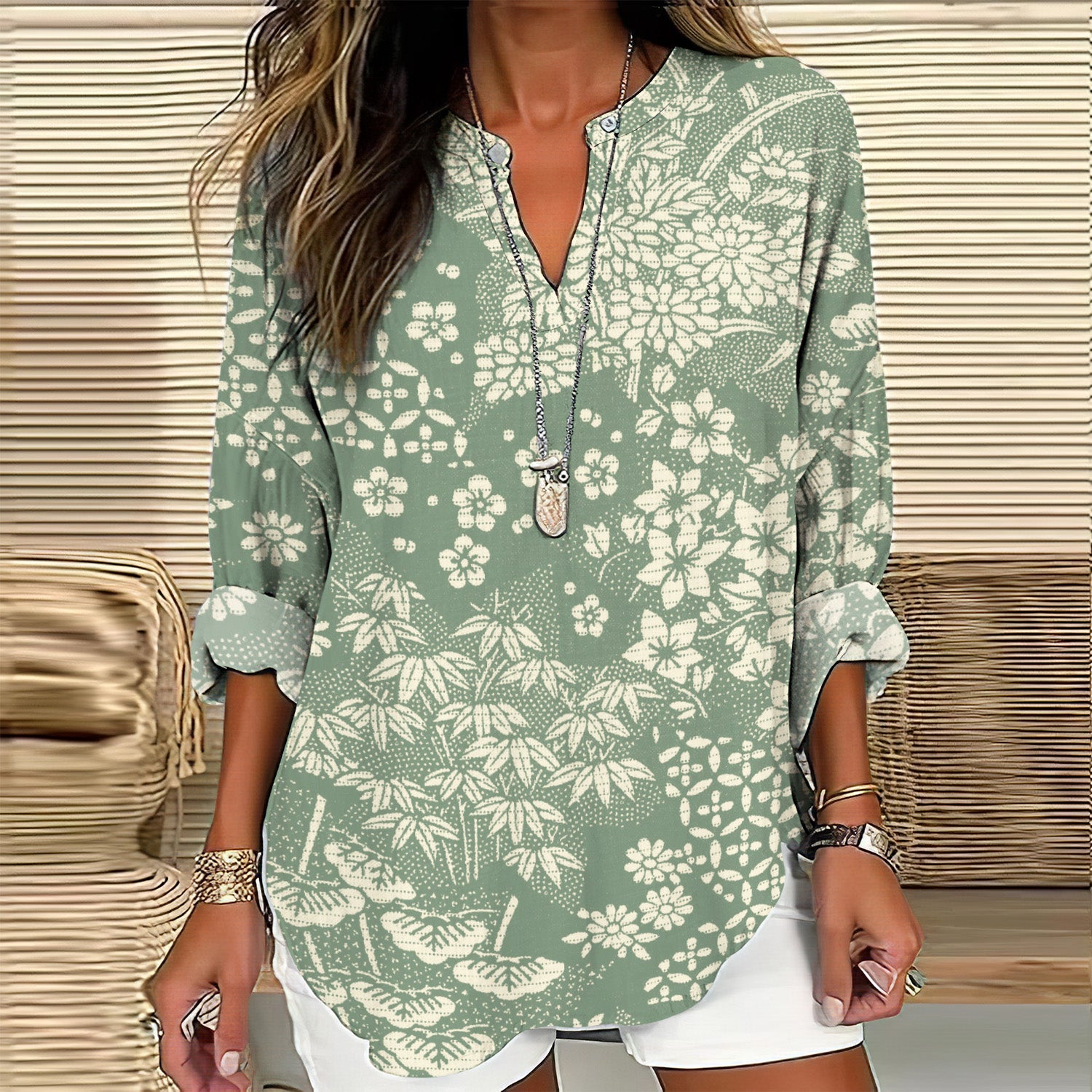 Comstylish Vintage Japanese Art Flower Print V-Neck Loose Blouse