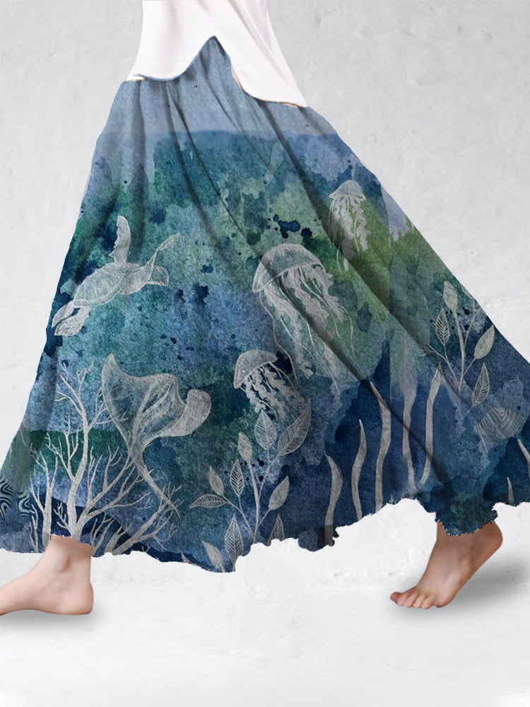 Comstylish Tie Dye Ocean Turtle Art  Cotton Linen Flowy Skirt