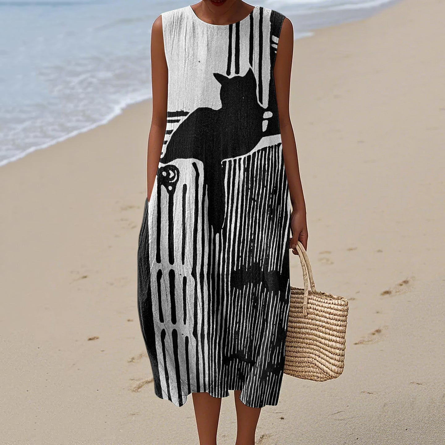 Comstylish Women's Retro Geometric Black Cat Art Pattern Cotton And Linen Dress