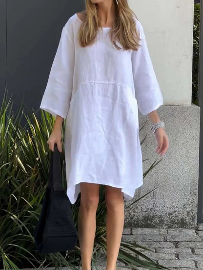 Comstylish Cute Solid Color Pockets Linen Blend Midi Dress