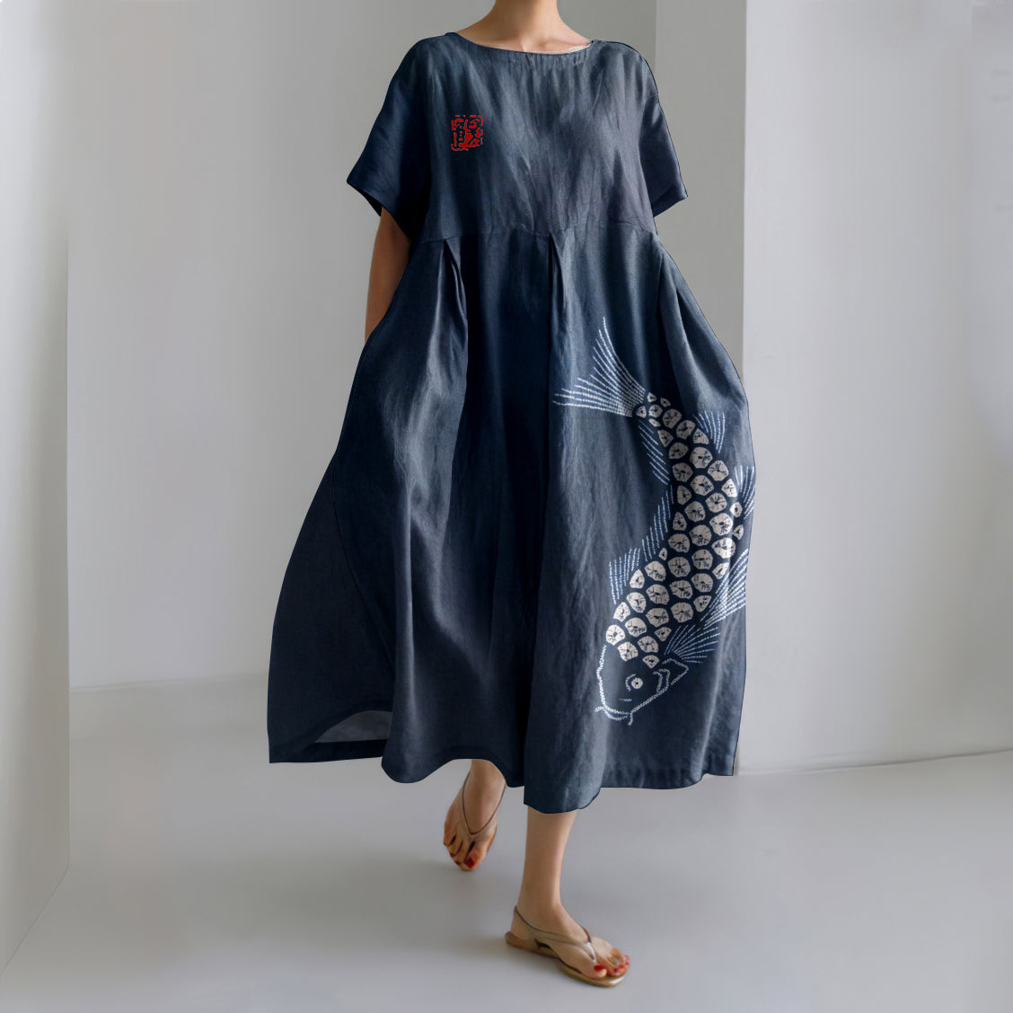 Comstylish Vintage Fish Print Short Sleeve Linen Blend Maxi Dress