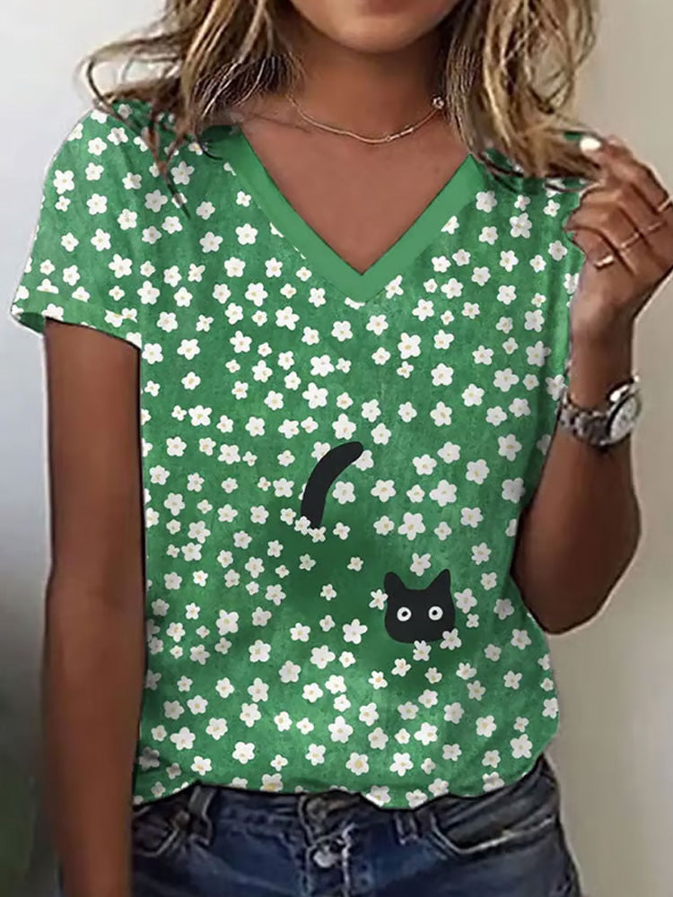 Comstylish Women's Cat And Flower Print T-shirt