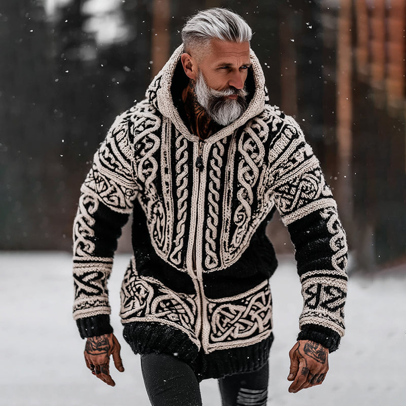 Men's Viking Tribal Jacquard Celtic Inspired Chunky Knit Zipped Hooded Sweater artswardrobe