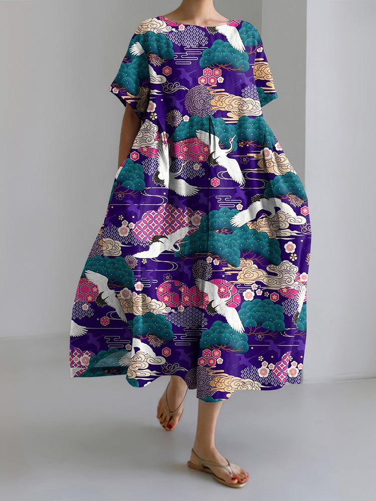 Vintage Japanese Art Crane Print Casual Midi Dress