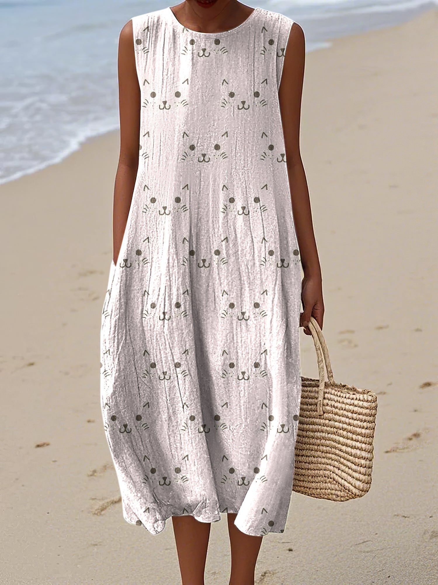 Women's Vintage Cute Cat Art Linen Tank Dress artswardrobe