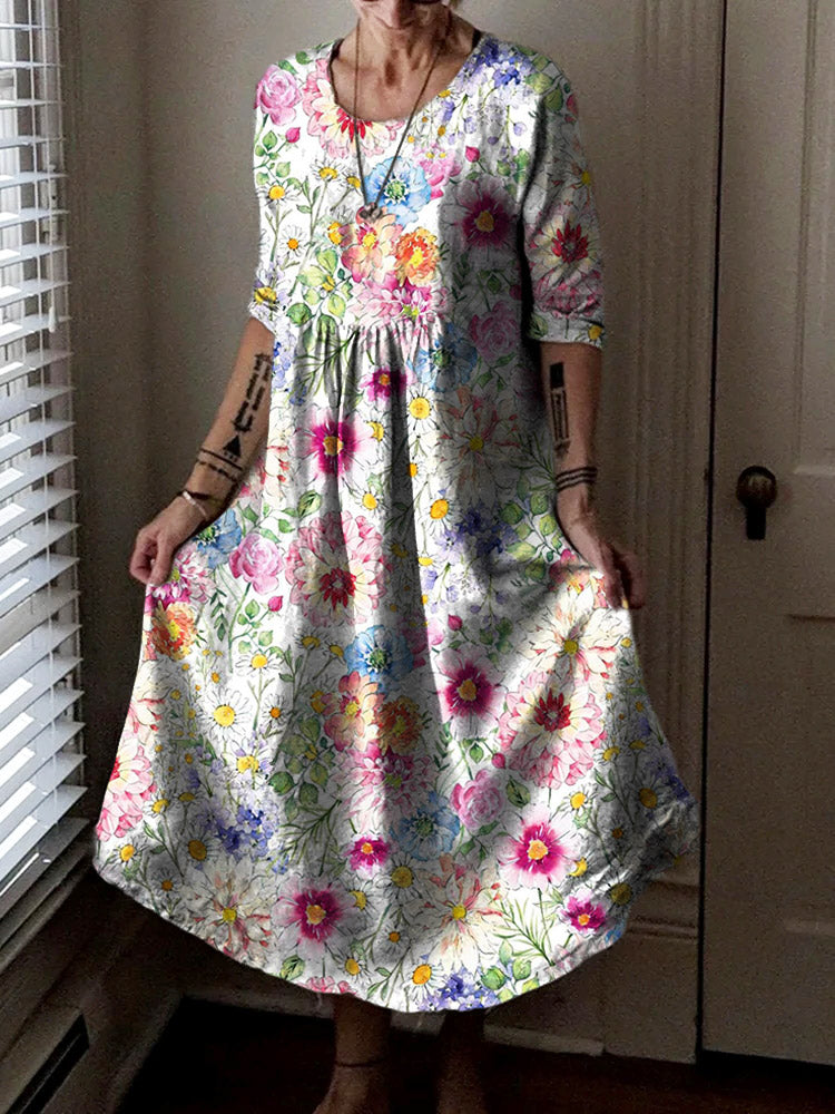 Women's Hippie Art Floral Print Crew Neck Dress