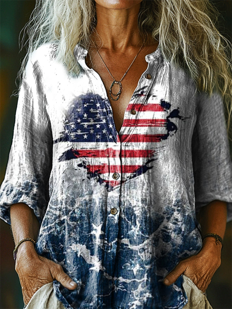 Women's Vintage Flag Love Art Print Casual Cotton Linen Shirt