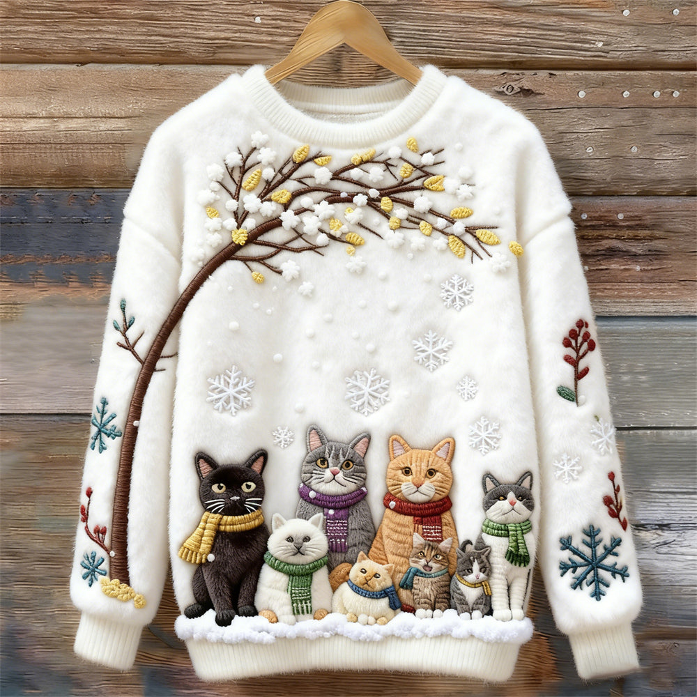 Christmas Cats Embroidery Women's Cozy Plush Sweater artswardrobe