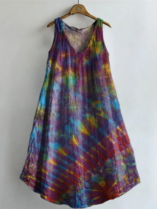 Women's Ethnic Tie-dye Art Print V-neck Pocket Cotton Dress