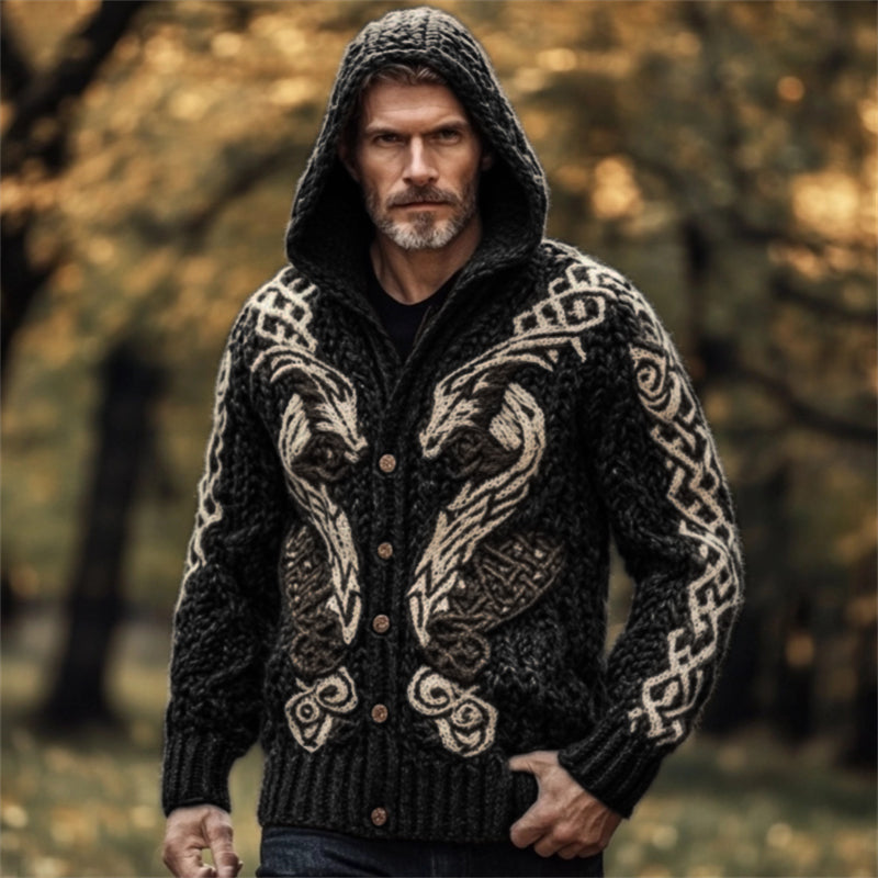 Men's Viking Wolf Celtic Chunky Hooded Cardigan artswardrobe