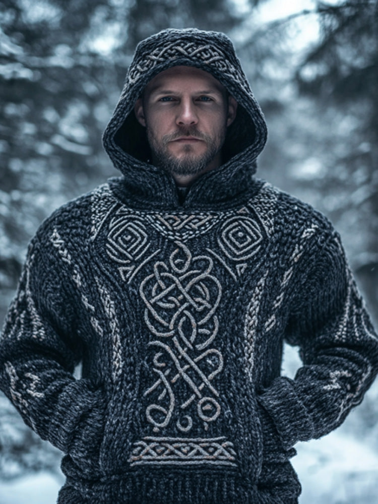 Men's Vintage Viking Inspired Celtic Jacquard Hooded Sweater artswardrobe