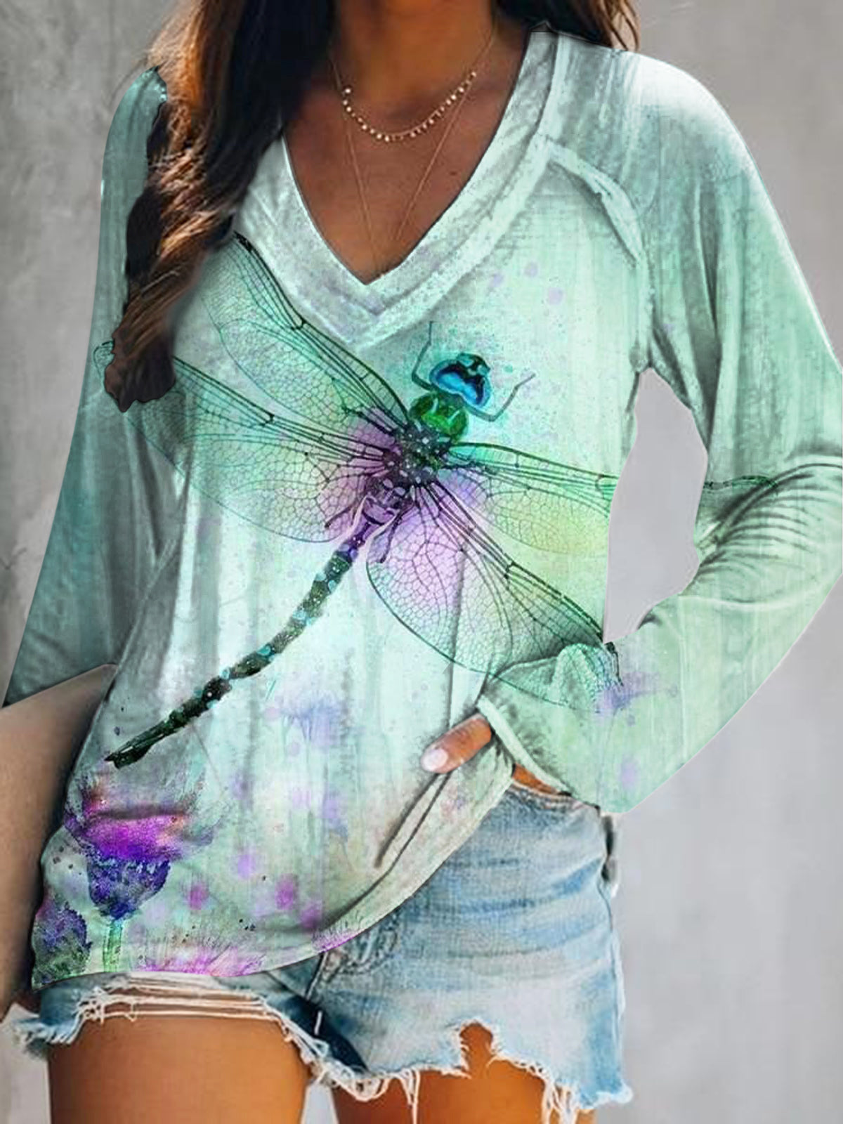 Women's Casual Vintage Dragonfly Art Print V Neck Long Sleeve Tops