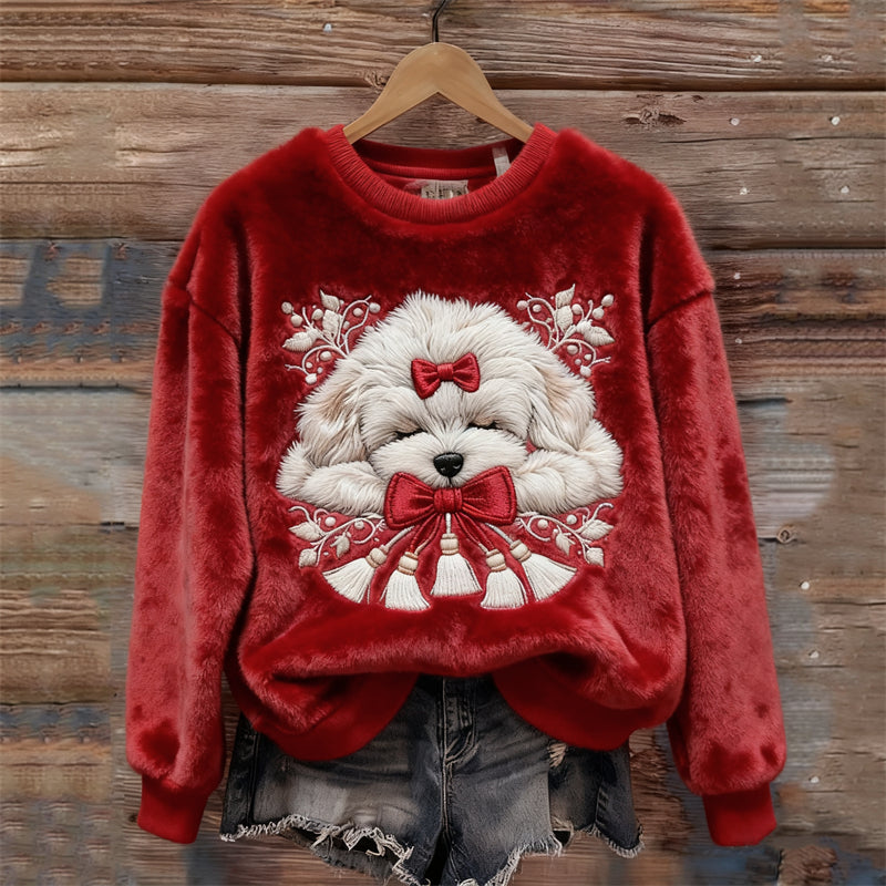 Comstylish Christmas Sleeping Dog Embroidered Cozy Plush Sweatshirt