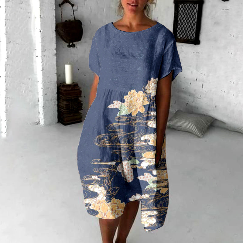 Comstylish Japanese Floral Art Flowy Midi Dress