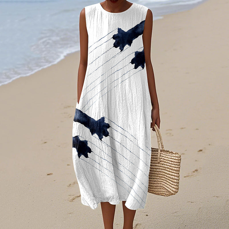 Comstylish Women's Vintage Cat's Paw Abstract Art Linen Tank Midi Dress