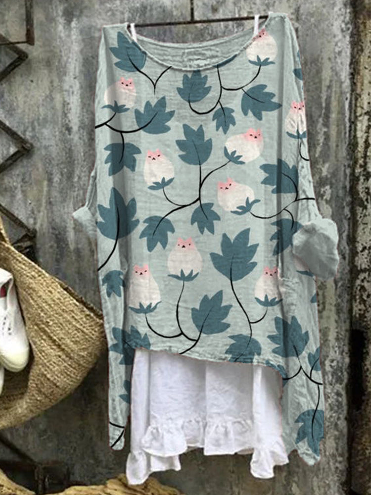 Cat & Plant Art Print Linen Blend Shirt elevenforest