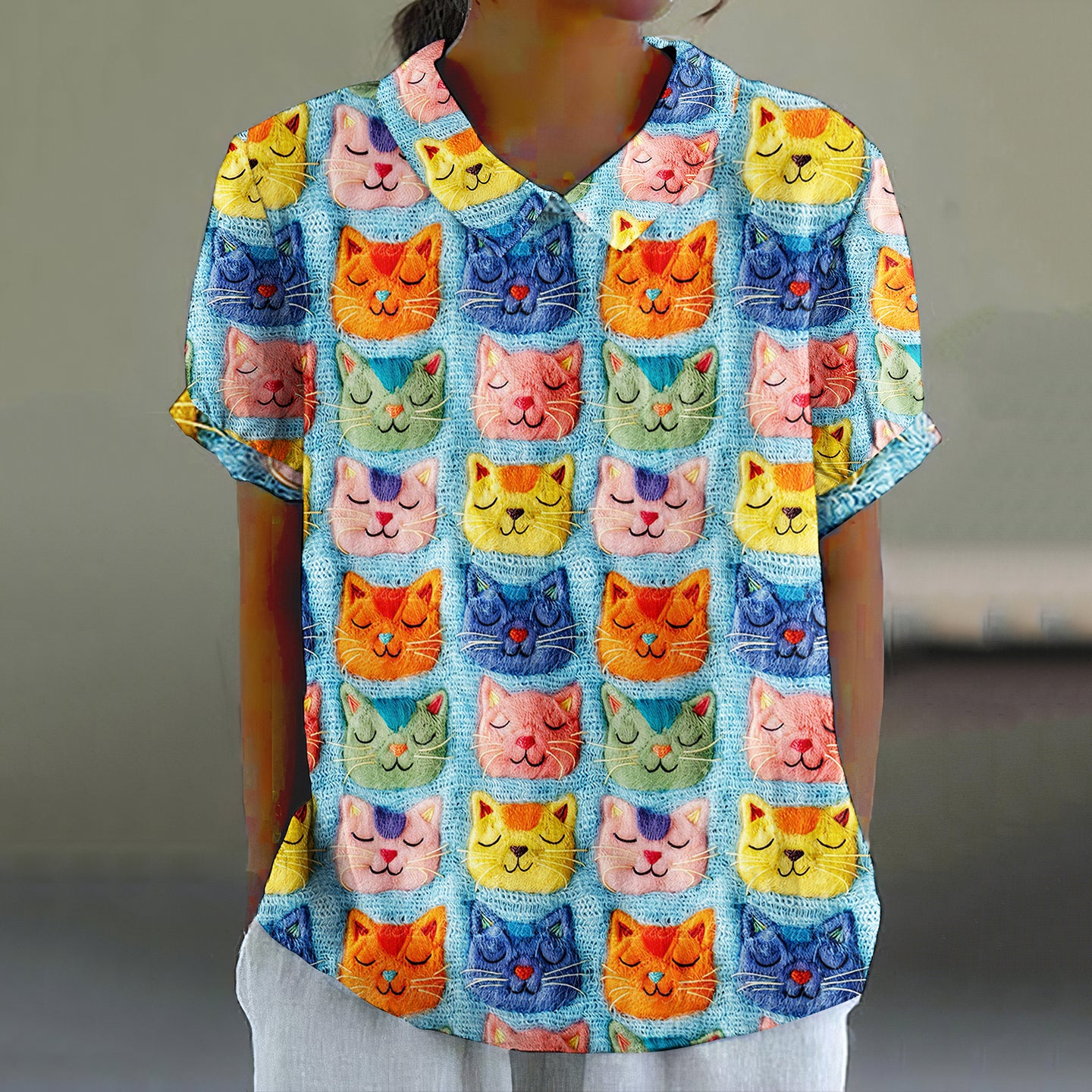Comstylish Women's Pop Art Embroidered Cat Print Shirt