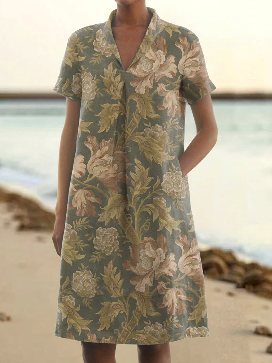 Women's Vintage Folk Art Floral Pattern Print V-Neck Linen Pocket Dres
