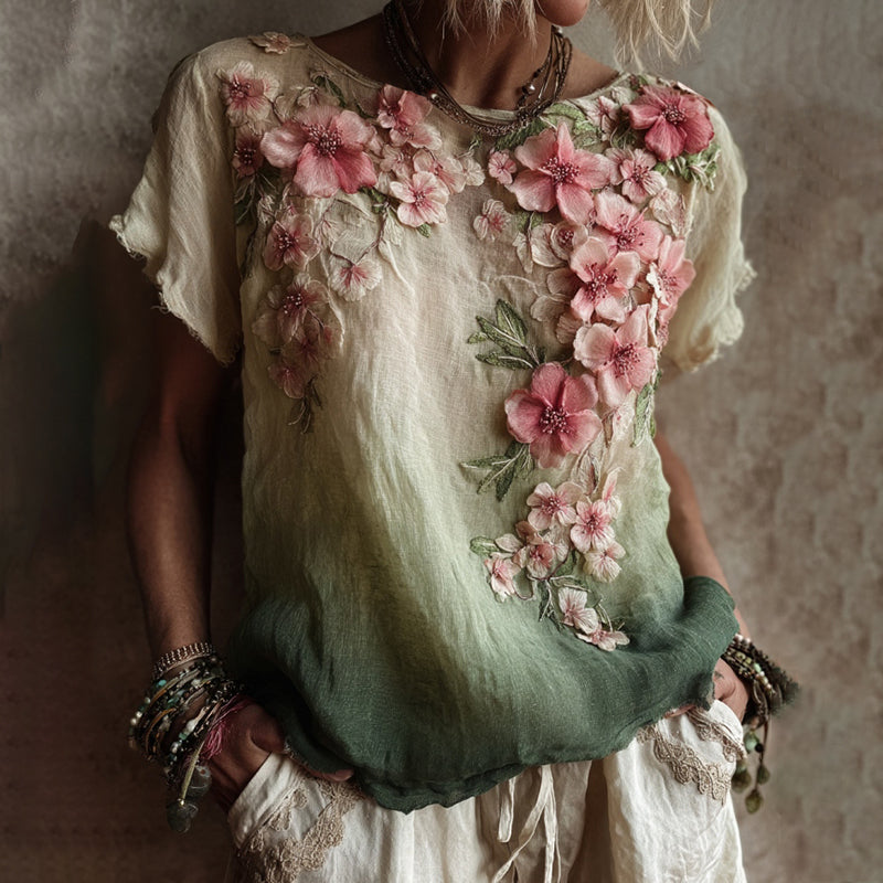 Vintage Cherry Blossom Gradient Art  Linen T-shirt artswardrobe