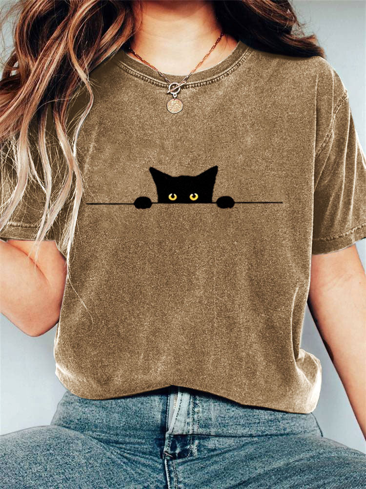 Comstylish Women's Casual Funny Black Cat Print T-shirt