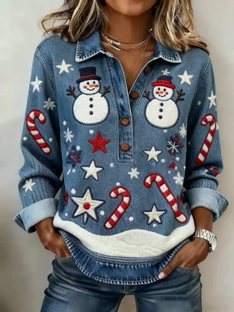 Comstylish Women's Retro Christmas Casual Collared Top