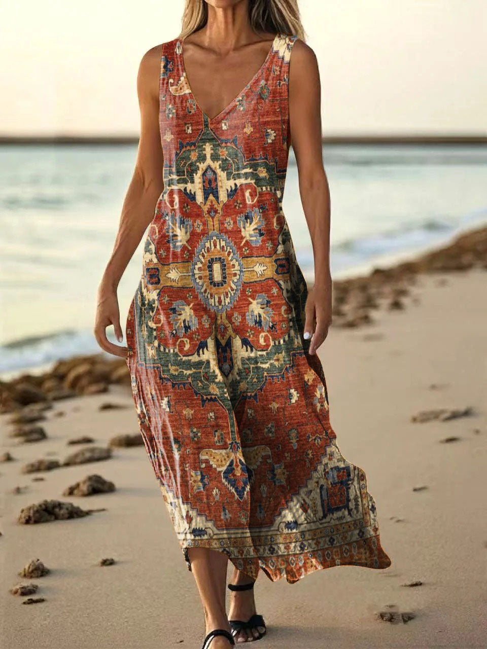 Women's National Totem Art Print V-neck Sleeveless Pocket Cotton Dress