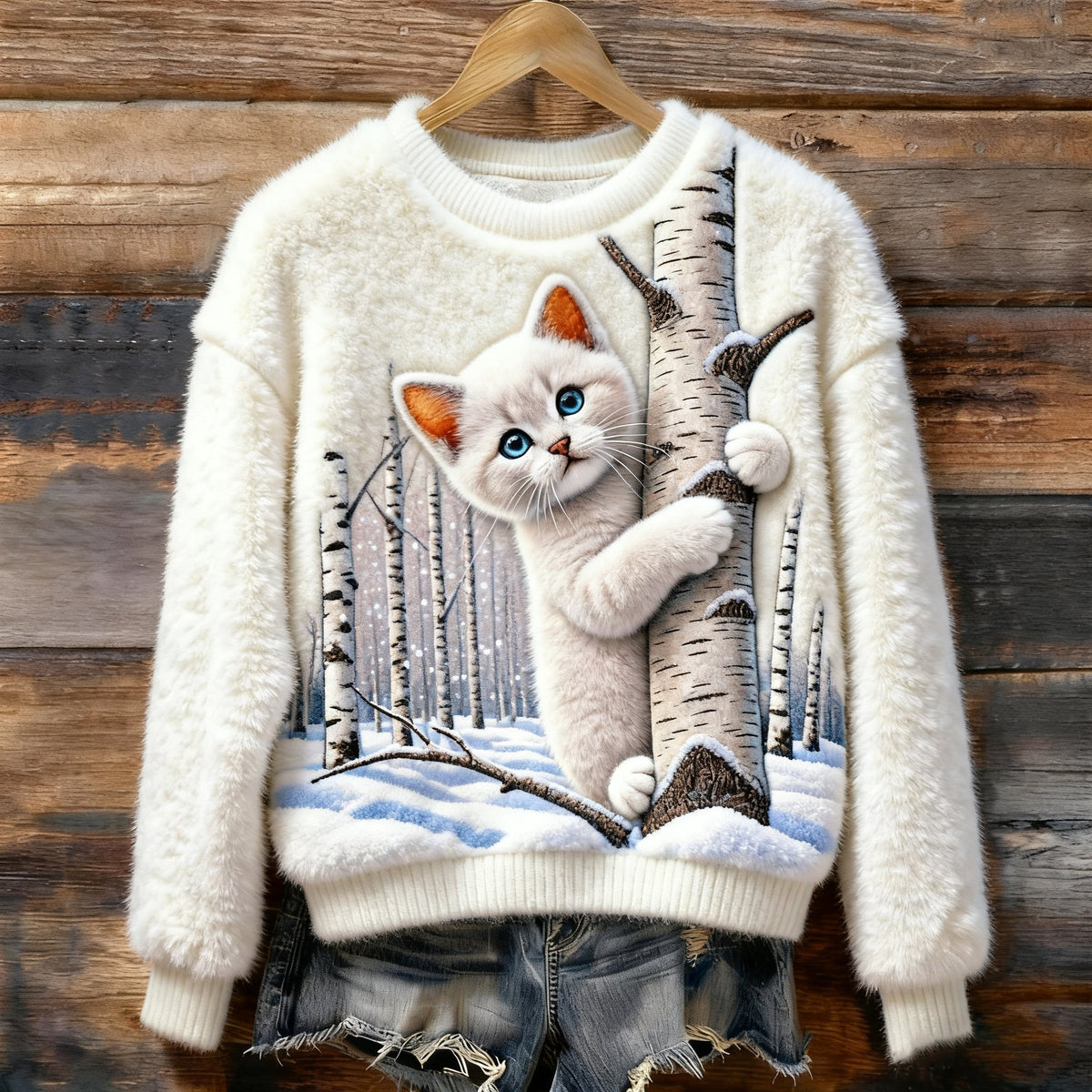 Comstylish Christmas Cat Art Women's Cozy Plush Sweater