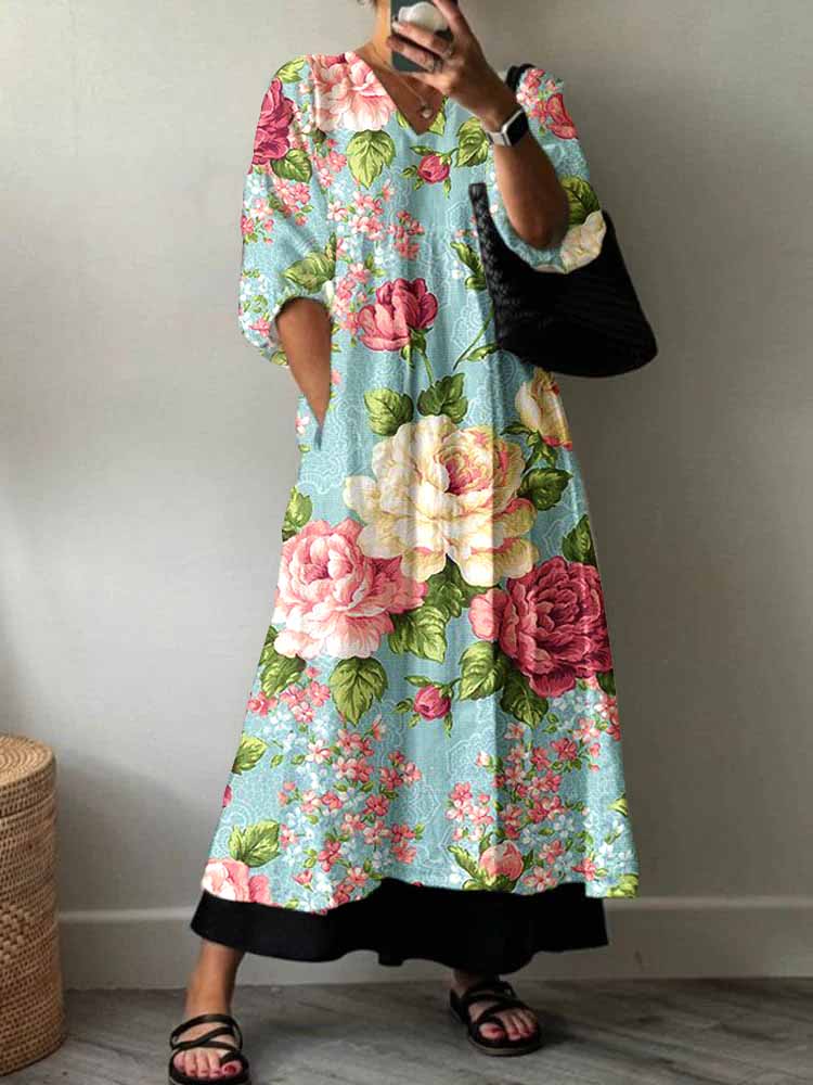 Women's Rose Flower Floral Pattern Cotton Dress