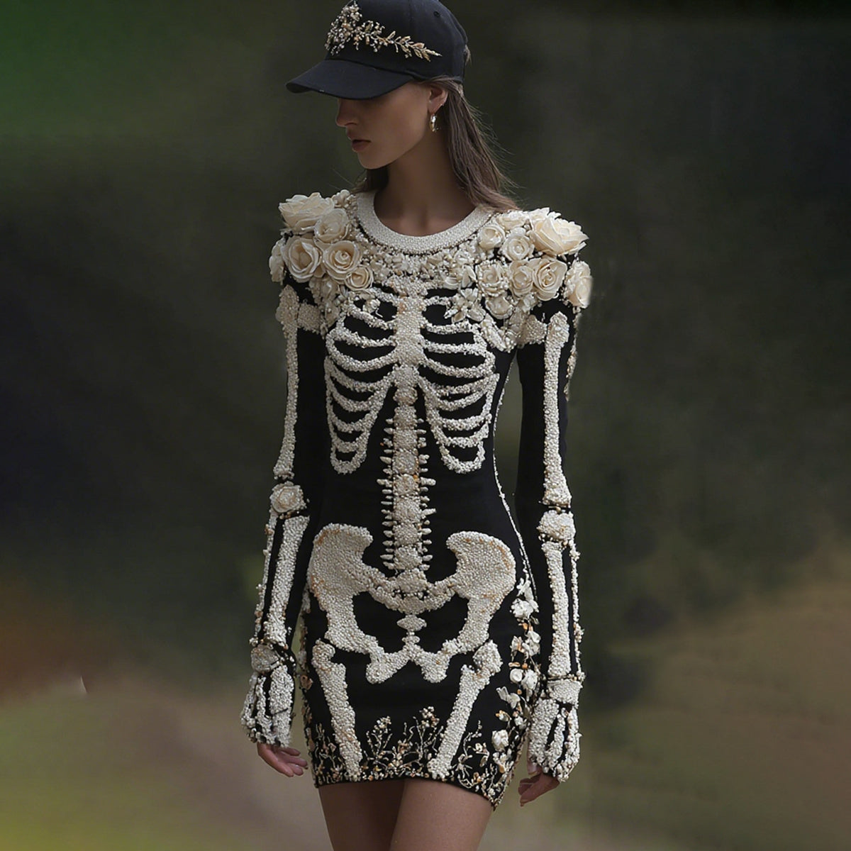 Women's Halloween Skeleton Bones With Rose Art Cozy Knit Mini Sweater Dress artswardrobe