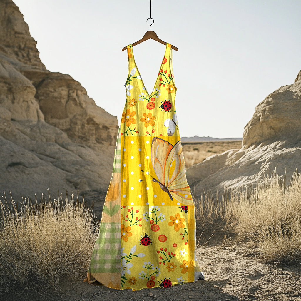 Comstylish Women's Vintage Butterfly Floral Art Cotton And Linen Dress