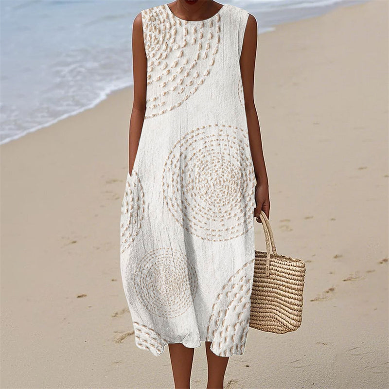 Comstylish Ripples Japanese Sashiko Flowy Linen Tank Dress