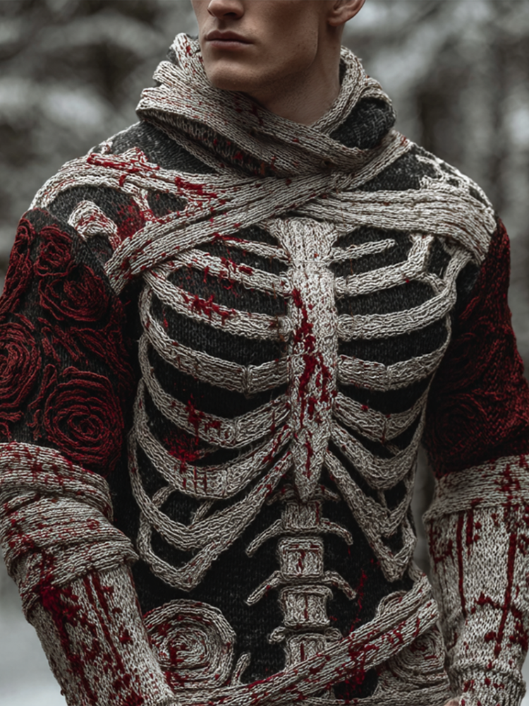 Halloween Line Design Retro Men's Knit Hooded Sweater artswardrobe