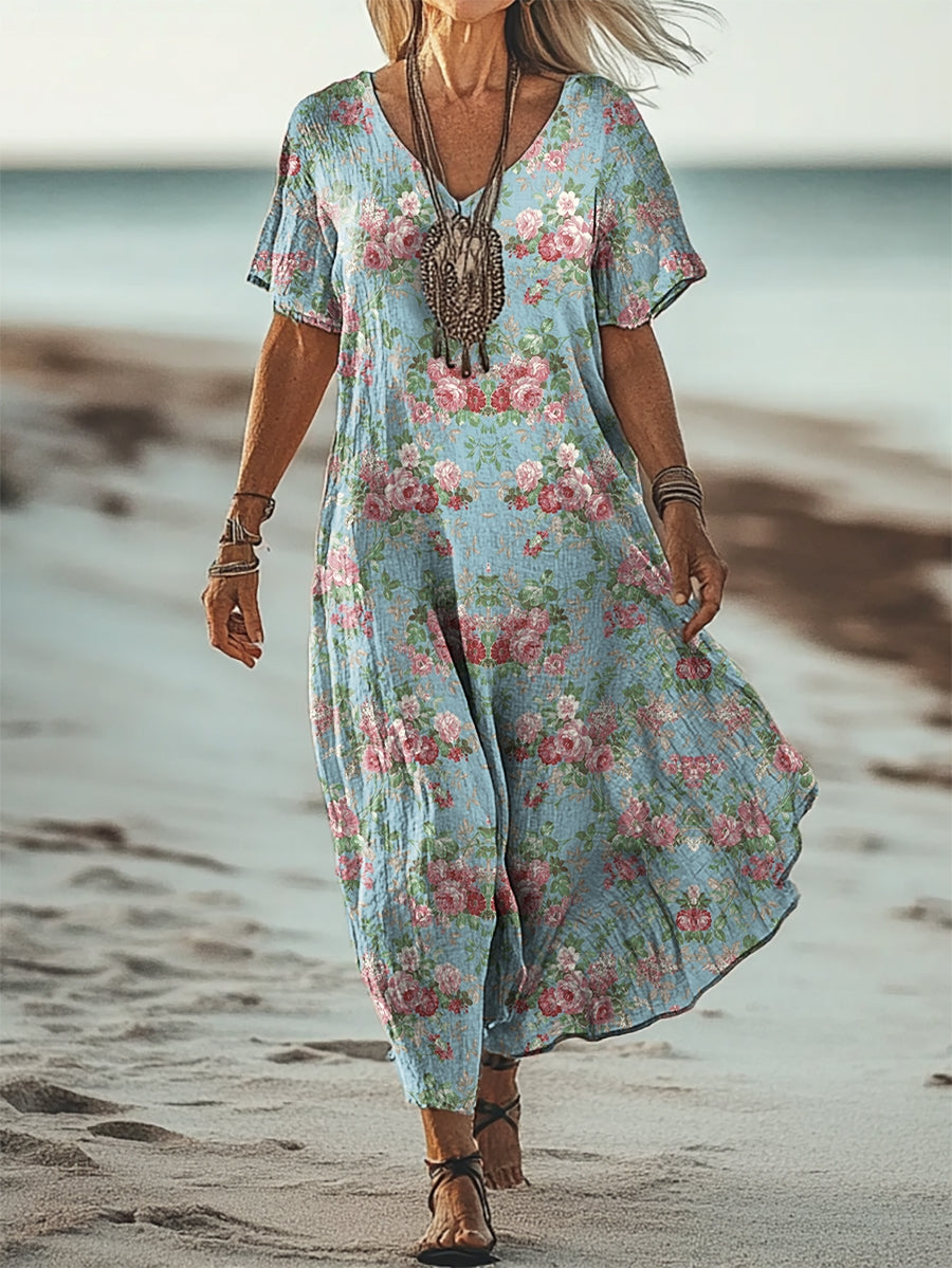 Women's Floral Art Print Flowy Pocket Cotton Dress