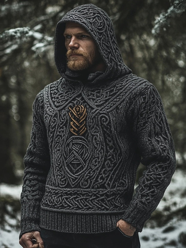 Men's Vintage Viking Inspired Celtic Jacquard Hooded Sweater artswardrobe