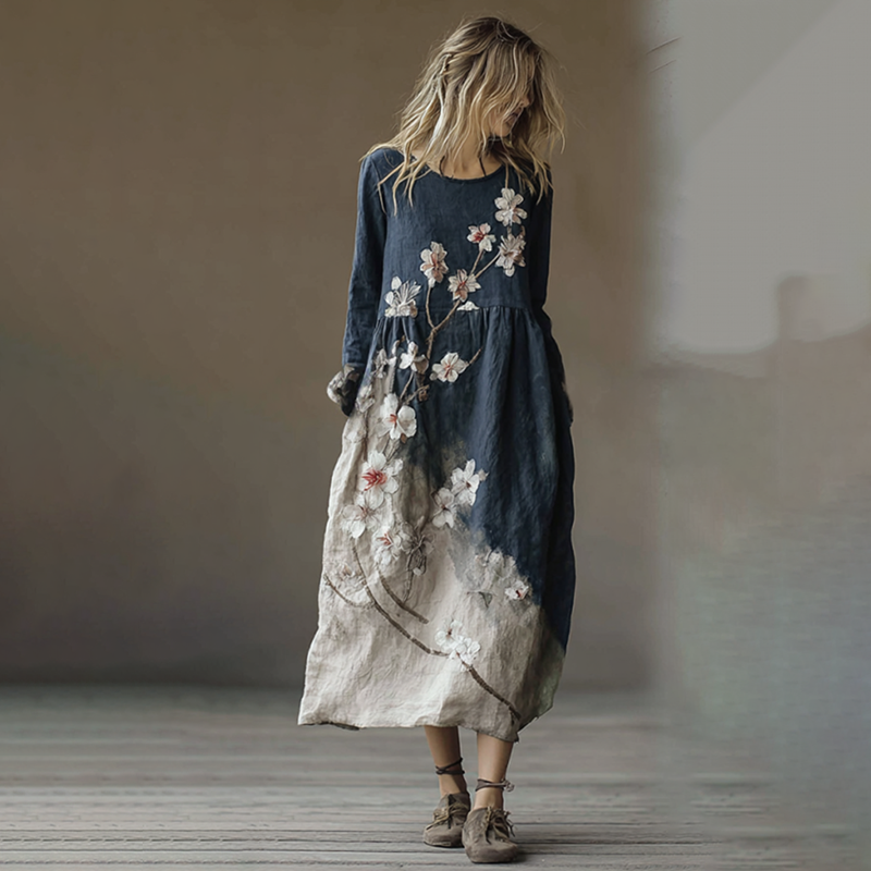 Classy Gradient Japanese Sakura Cherry Blossoms Embroidered Pattern Linen Round Neck Long Dress artswardrobe
