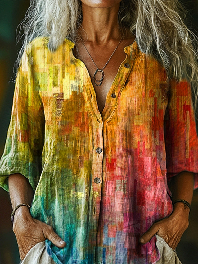 Women's Colorful Gradient Art Print Casual Cotton Linen Shirt