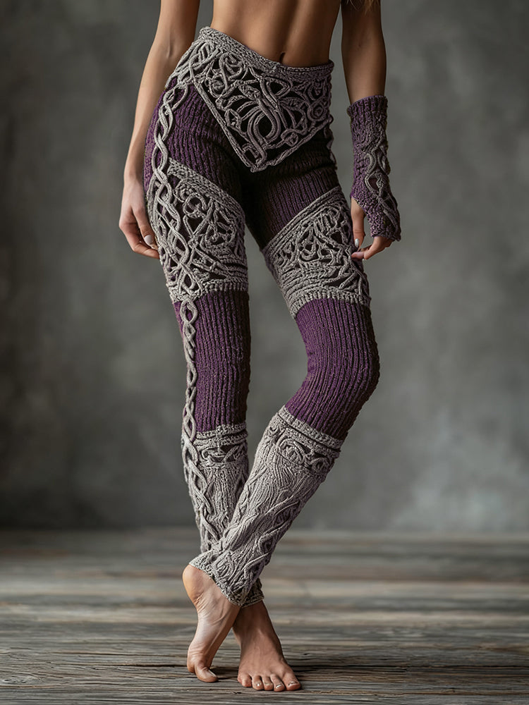 Vintage Viking Celtic Knot Art Knit Jacquard Cozy Leggings artswardrobe