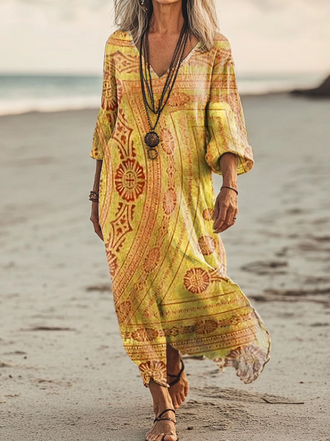 Women's Vintage Ethnic Floral Art Print Pocket Cotton Dress