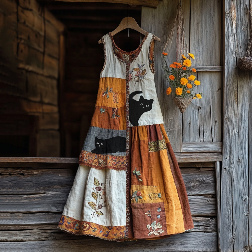 Comstylish Vintage Black Cat And Floral Linen Tank Dress