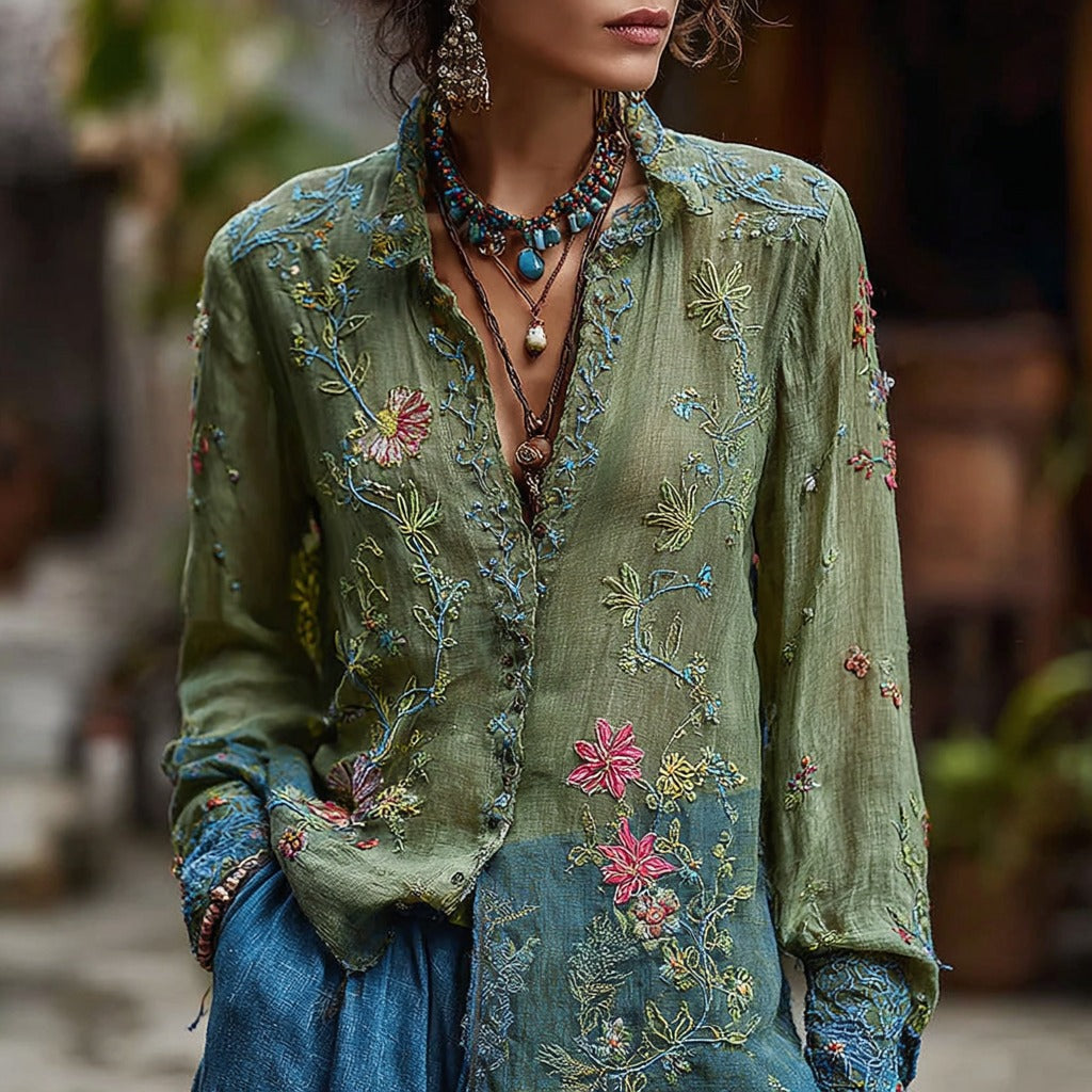 Women's Vintage Floral Embroidered Casual Shirt artswardrobe
