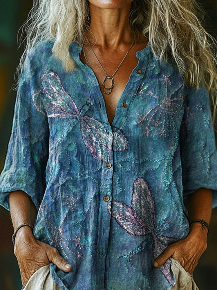 Women's Dragonfly Art Pattern Print Casual Cotton Linen Shirt