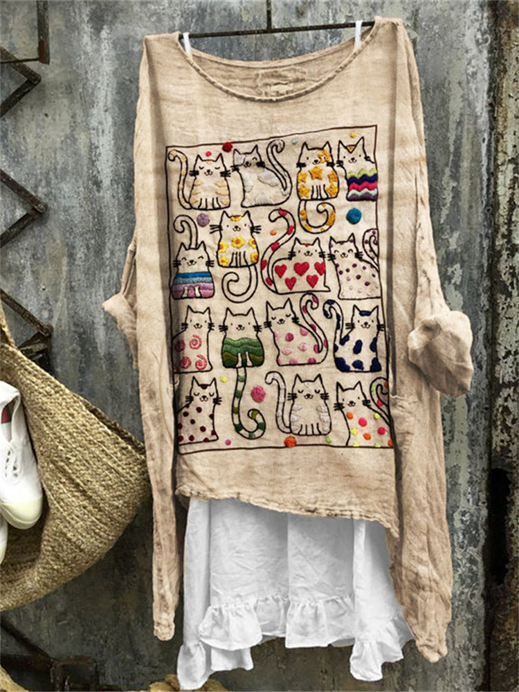 Comstylish Colorful Cats Embroidered Art Linen Blend Tunic