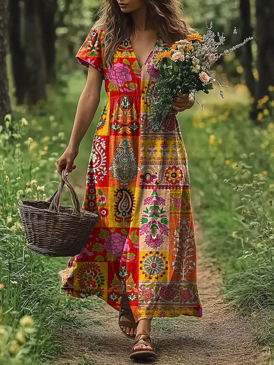 Women's Artistic Floral Ethnic Style Retro Color Printed V-Neck Dress
